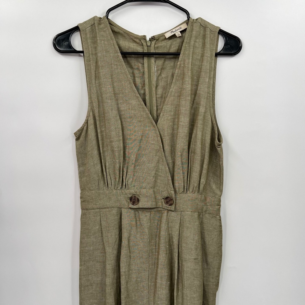 Madewell Linen Sleeveless Jumpsuit Womens Olive Green Wide Leg V-Neck Pockets‎ 0